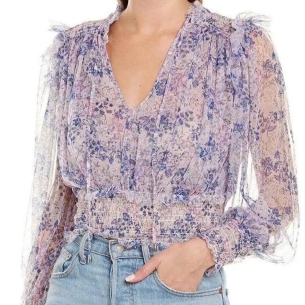 Free People Fairycore Twyla Smocked Floral Mesh Blouse, Size XS